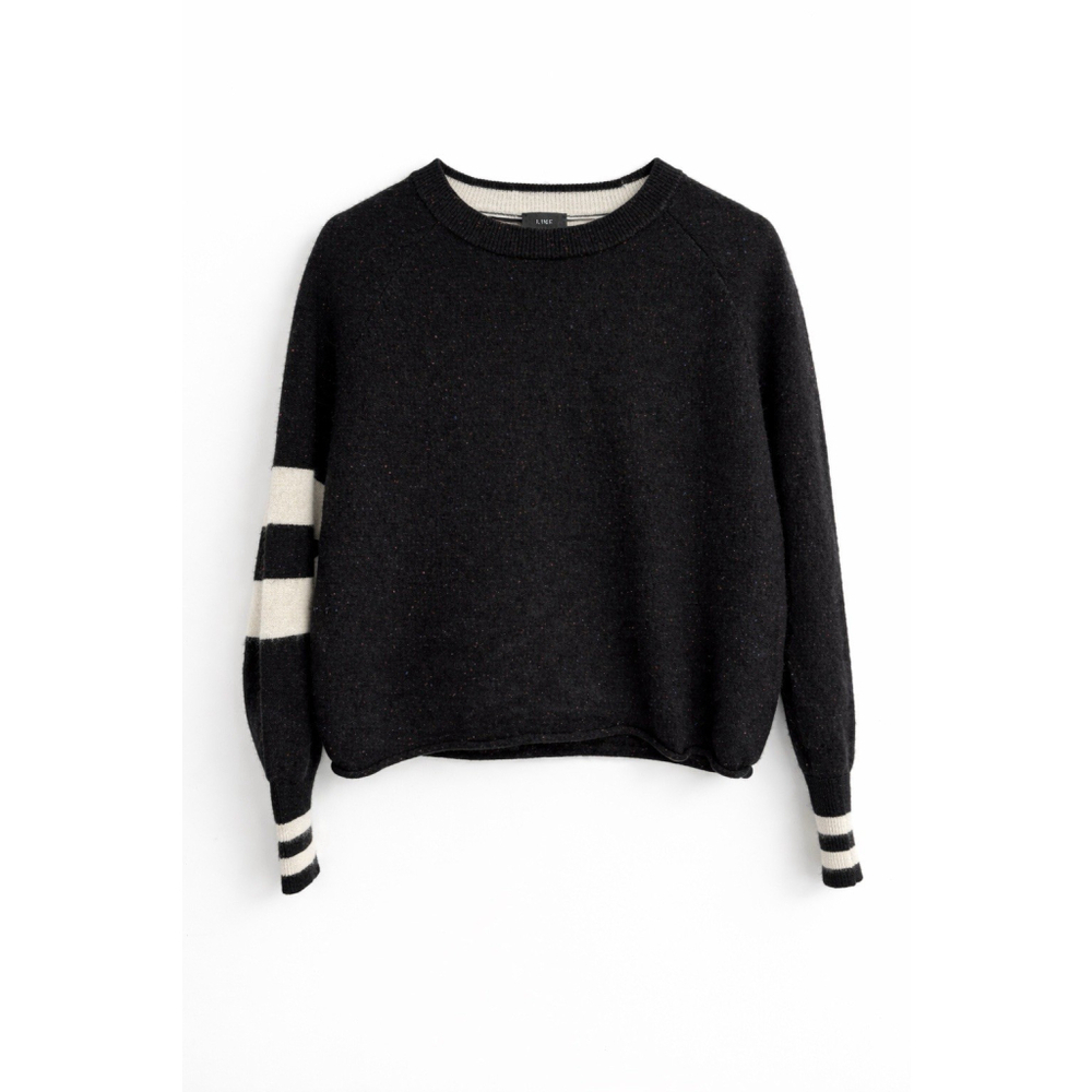 LINE 100% Cashmere Speckled Knit Sweater Stripe Sleeve Quiet Luxury